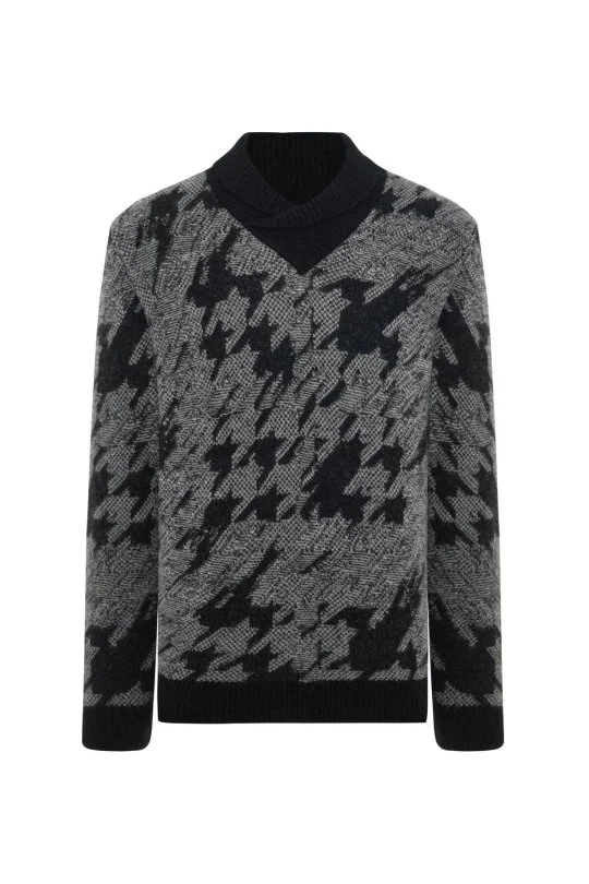 Hemington - Alpaka Yün Kaşmir Karışım Şal Yaka Desenli Siyah Triko (6)