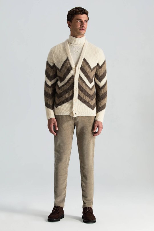 Alpaka Yün Kaşmir Karışım Zigzag Desen Bej Camel Düğmeli Hırka