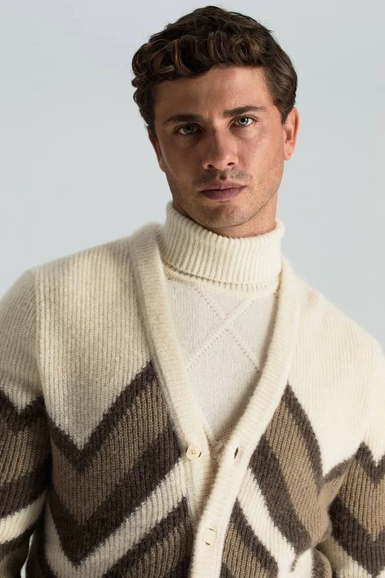 Hemington - Alpaka Yün Kaşmir Karışım Zigzag Desen Bej Camel Düğmeli Hırka (2)