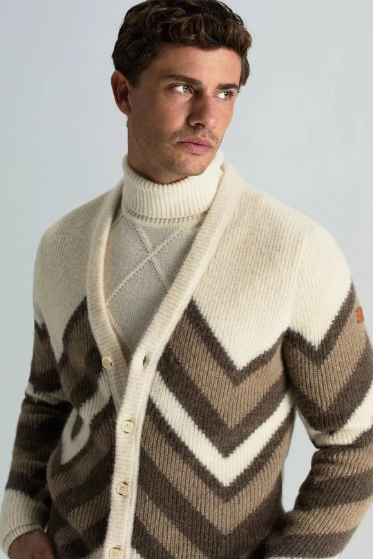 Hemington - Alpaka Yün Kaşmir Karışım Zigzag Desen Bej Camel Düğmeli Hırka (3)