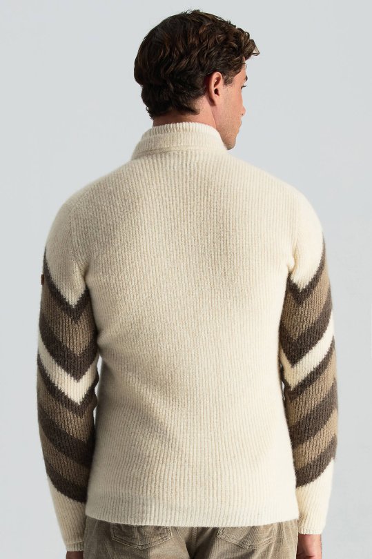 Alpaka Yün Kaşmir Karışım Zigzag Desen Bej Camel Düğmeli Hırka