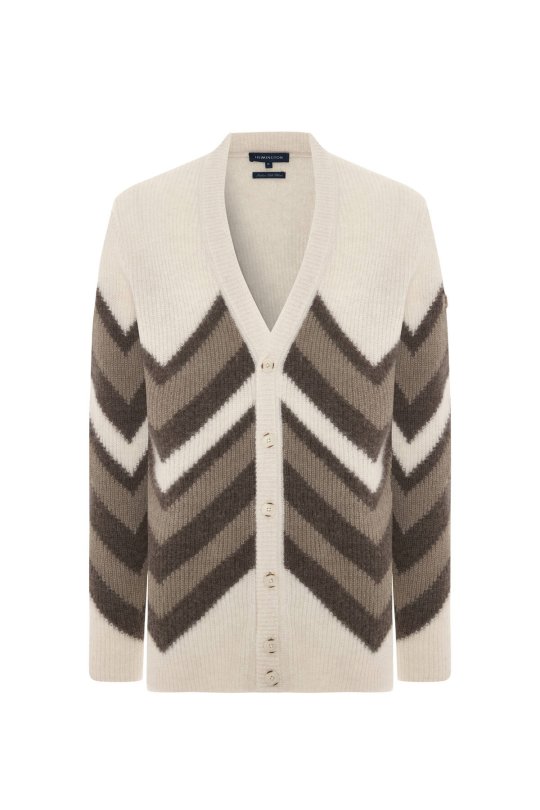 Alpaka Yün Kaşmir Karışım Zigzag Desen Bej Camel Düğmeli Hırka