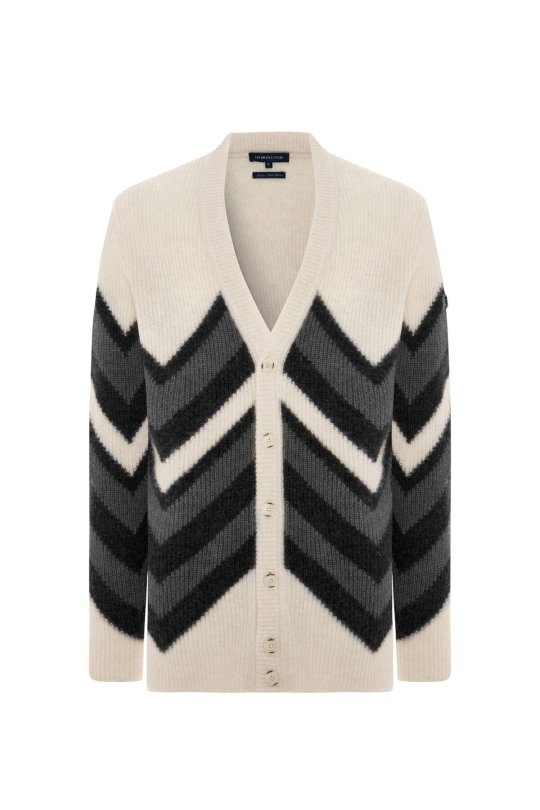 Alpaka Yün Kaşmir Karışım Zigzag Desen Bej Gri Düğmeli Hırka