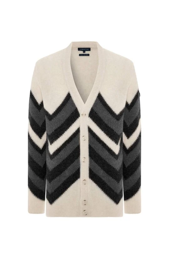 Hemington - Alpaka Yün Kaşmir Karışım Zigzag Desen Bej Gri Düğmeli Hırka (6)