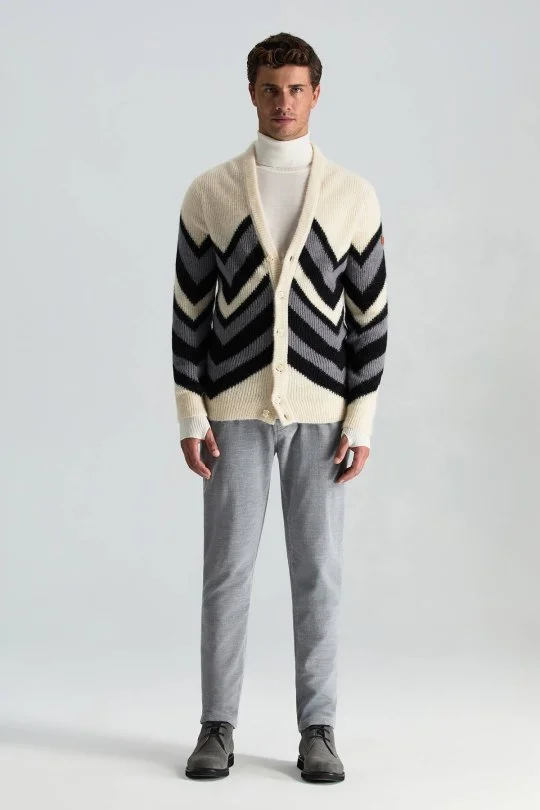 Hemington - Alpaka Yün Kaşmir Karışım Zigzag Desen Bej Gri Düğmeli Hırka (2)