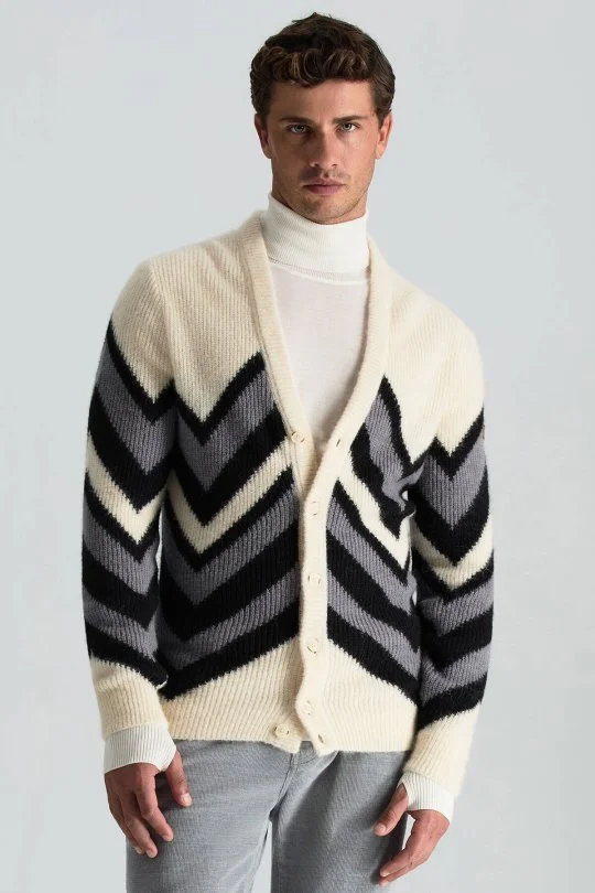 Hemington - Alpaka Yün Kaşmir Karışım Zigzag Desen Bej Gri Düğmeli Hırka (1)