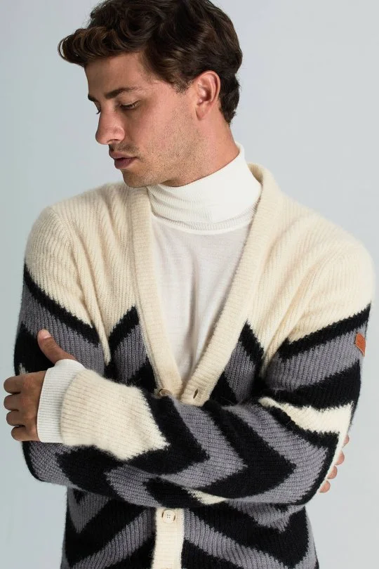 Hemington - Alpaka Yün Kaşmir Karışım Zigzag Desen Bej Gri Düğmeli Hırka (3)