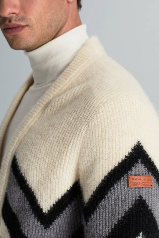 Alpaka Yün Kaşmir Karışım Zigzag Desen Bej Gri Düğmeli Hırka