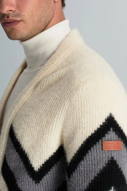 Hemington - Alpaka Yün Kaşmir Karışım Zigzag Desen Bej Gri Düğmeli Hırka (4)