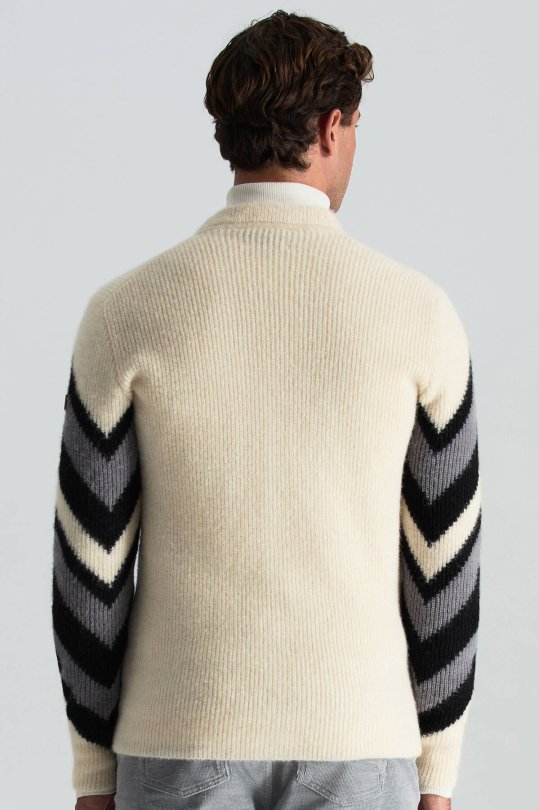 Alpaka Yün Kaşmir Karışım Zigzag Desen Bej Gri Düğmeli Hırka