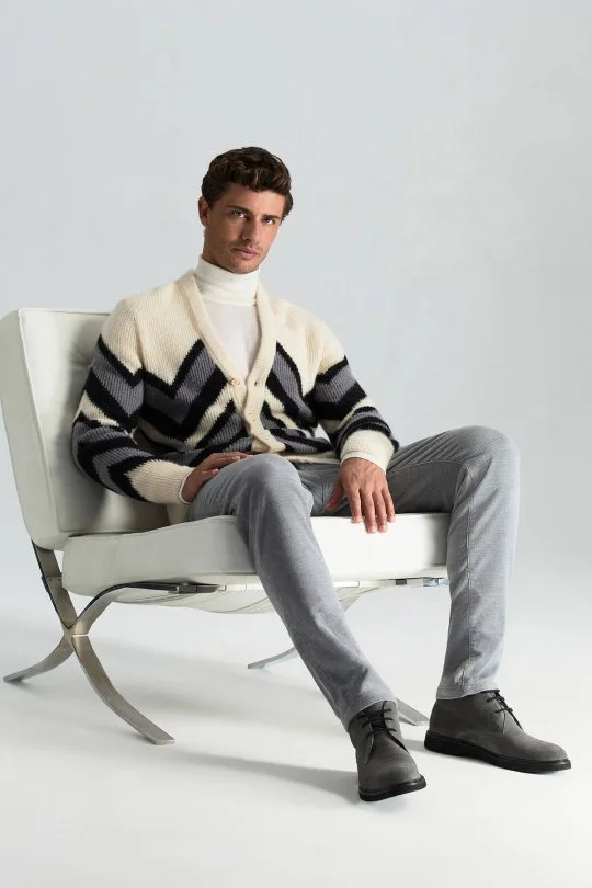 Hemington - Alpaka Yün Kaşmir Karışım Zigzag Desen Bej Gri Düğmeli Hırka