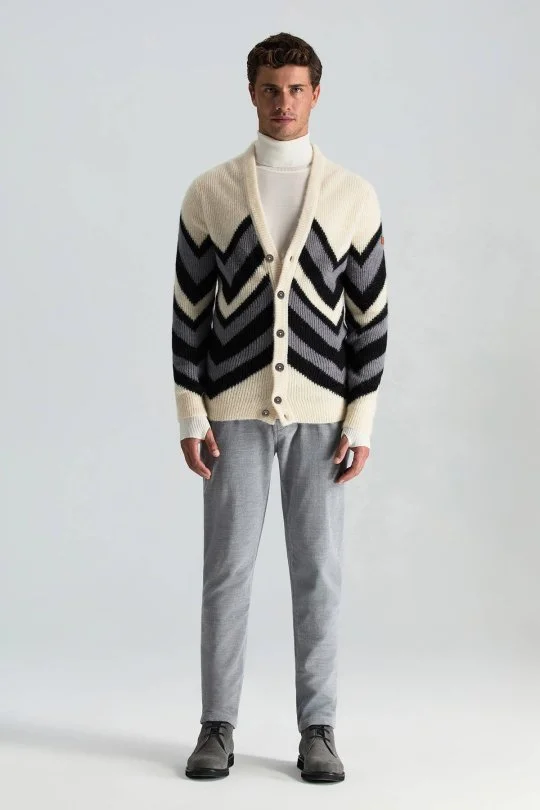 Hemington - Alpaka Yün Kaşmir Karışım Zigzag Desen Bej Gri Düğmeli Hırka (2)