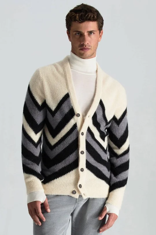 Hemington - Alpaka Yün Kaşmir Karışım Zigzag Desen Bej Gri Düğmeli Hırka (1)