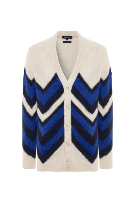 Alpaka Yün Kaşmir Karışım Zigzag Desen Bej Lacivert Düğmeli Hırka