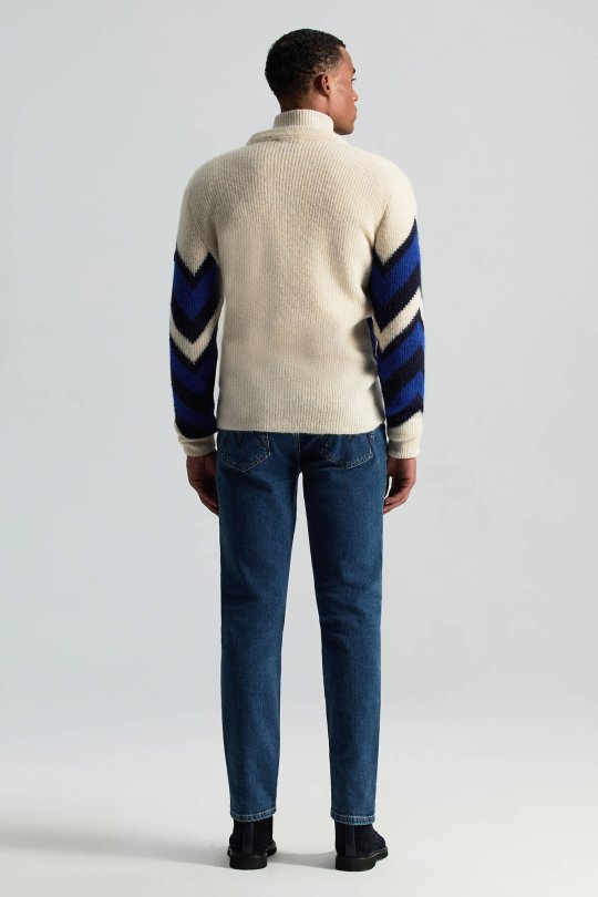 Alpaka Yün Kaşmir Karışım Zigzag Desen Bej Lacivert Düğmeli Hırka