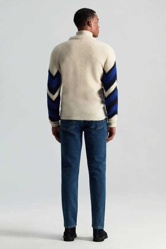 Hemington - Alpaka Yün Kaşmir Karışım Zigzag Desen Bej Lacivert Düğmeli Hırka (3)