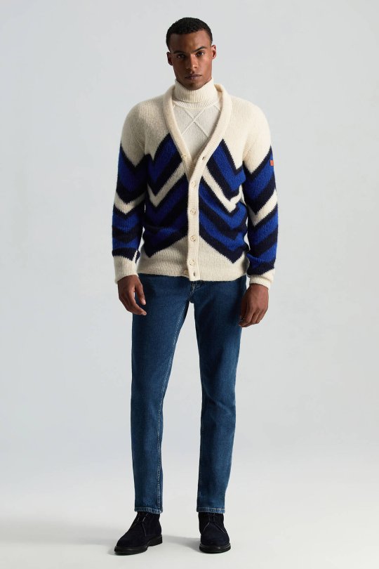 Alpaka Yün Kaşmir Karışım Zigzag Desen Bej Lacivert Düğmeli Hırka