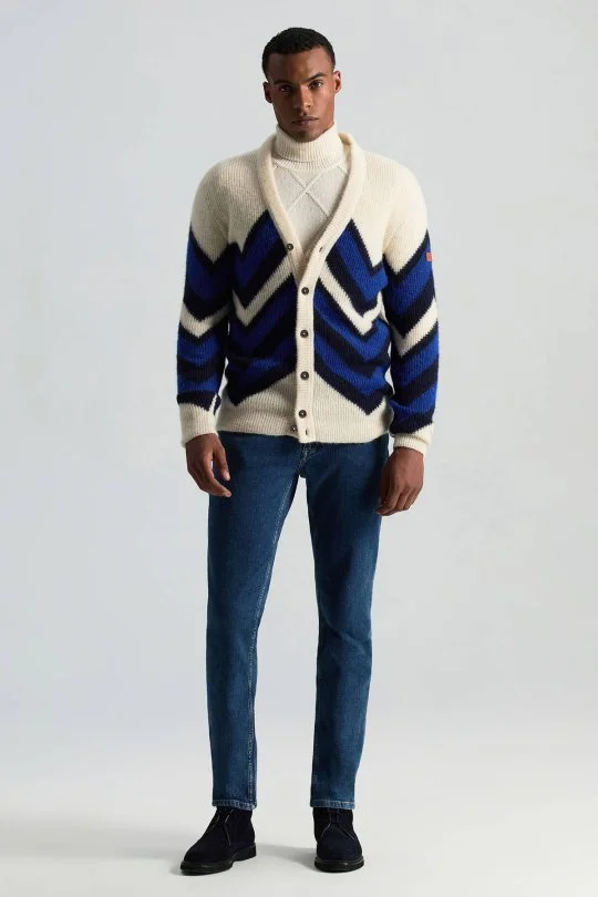 Hemington - Alpaka Yün Kaşmir Karışım Zigzag Desen Bej Lacivert Düğmeli Hırka (2)