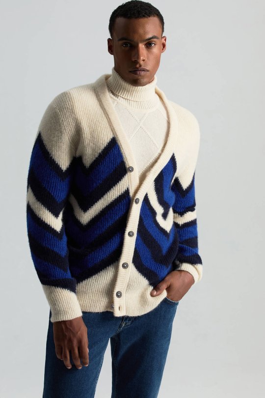 Alpaka Yün Kaşmir Karışım Zigzag Desen Bej Lacivert Düğmeli Hırka