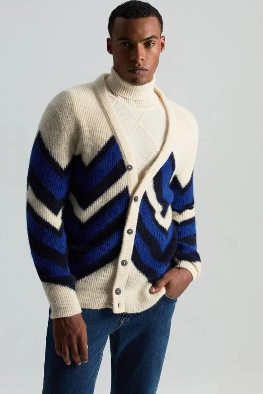 Hemington - Alpaka Yün Kaşmir Karışım Zigzag Desen Bej Lacivert Düğmeli Hırka