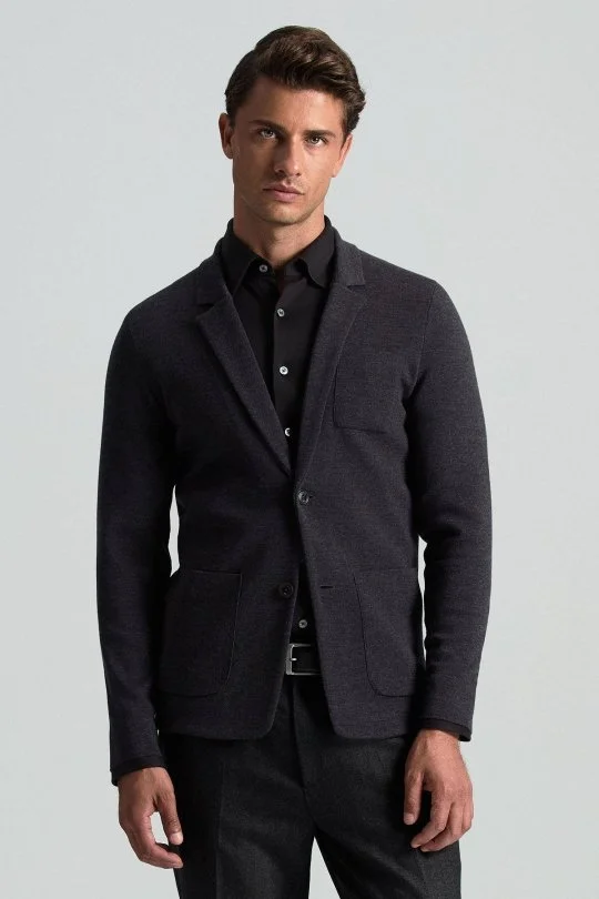 Hemington - Extrafine Merino Antrasit Triko Blazer Ceket
