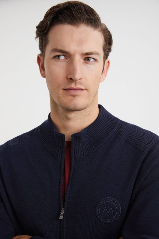 Arma Detaylı Fermuarlı Lacivert Triko Spor Ceket