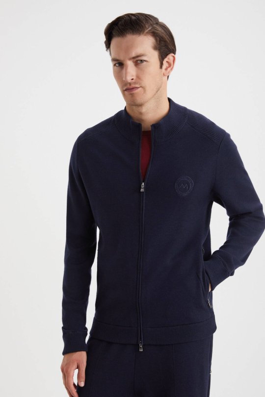 Arma Detaylı Fermuarlı Lacivert Triko Spor Ceket