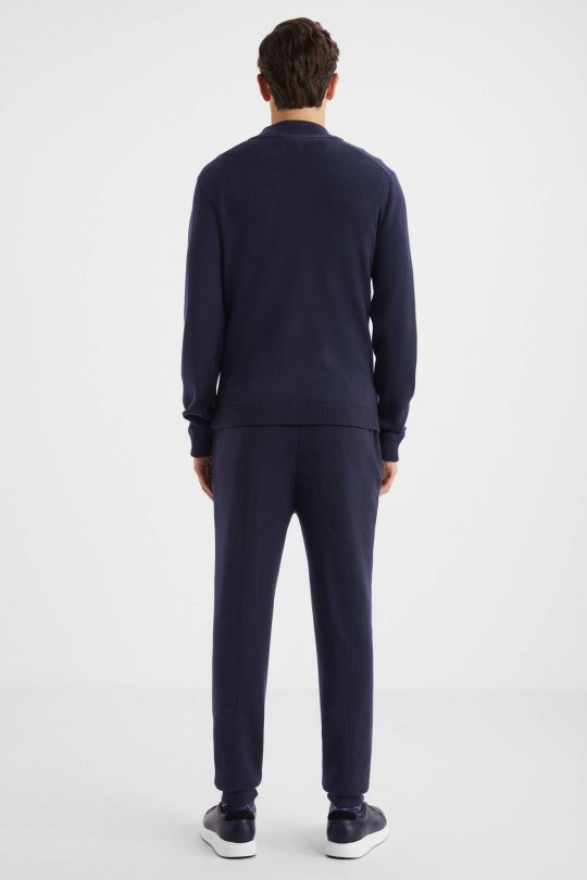 Arma Detaylı Fermuarlı Lacivert Triko Spor Ceket