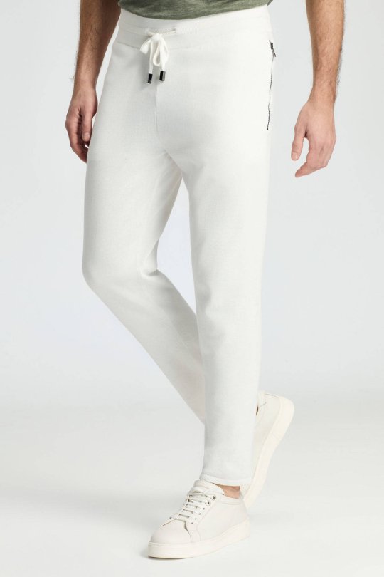 Bağcıklı Beyaz Slim Fit Triko Pantolon