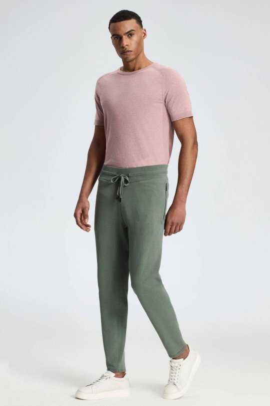 Bağcıklı Haki Slim Fit Triko Pantolon