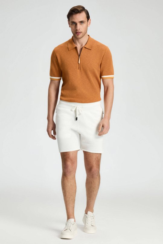 Bağcıklı Nakış Logolu Beyaz Triko Şort