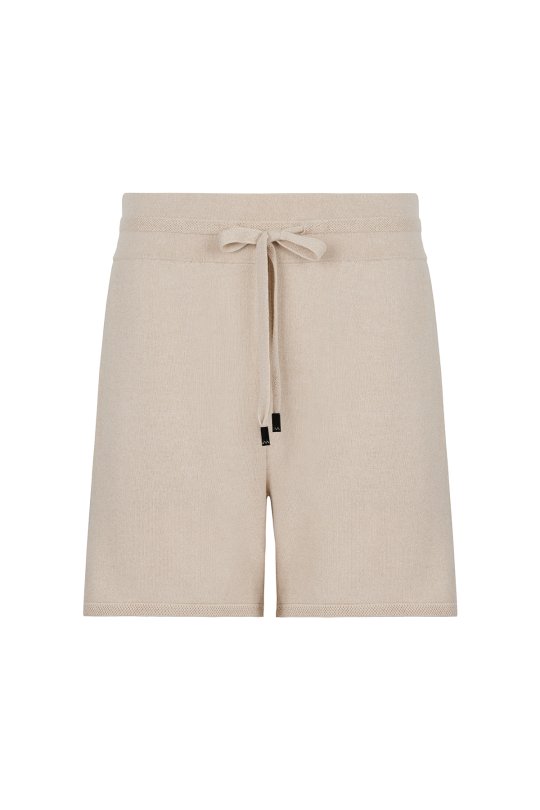 Bağcıklı Nakış Logolu Krem Rengi Triko Şort