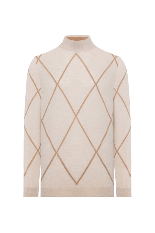 Baklava Desen Lupetto Yaka Merino Yün Açık Bej Triko