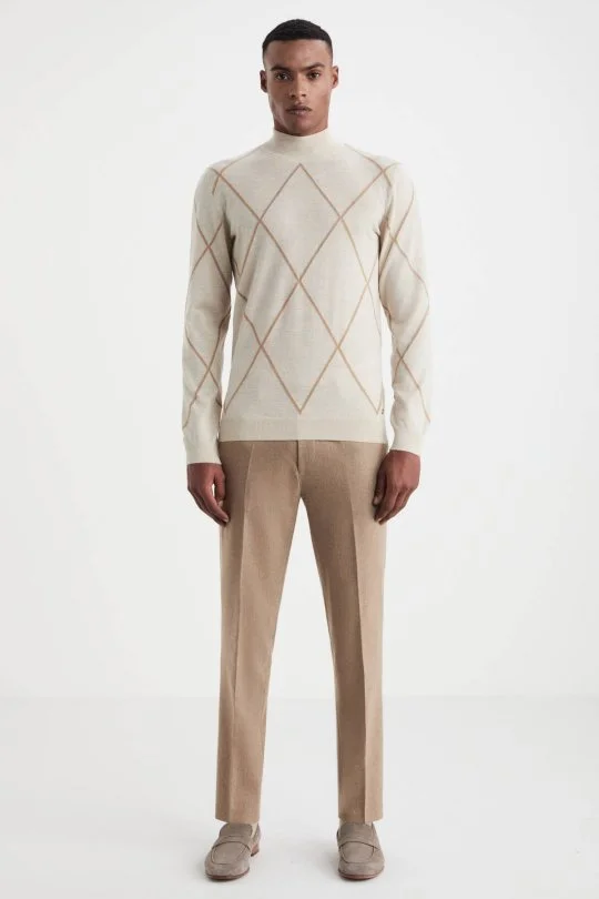 Hemington - Baklava Desen Lupetto Yaka Merino Yün Açık Bej Triko (2)