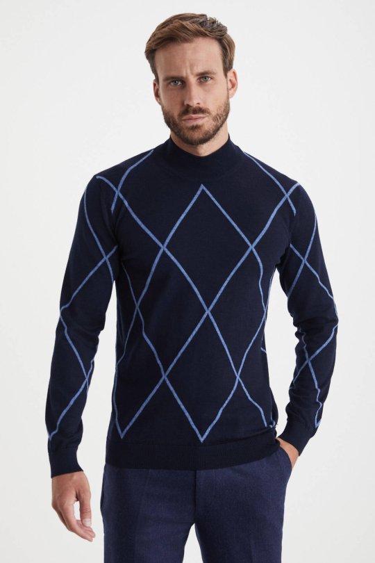 Baklava Desen Lupetto Yaka Merino Yün Lacivert Triko