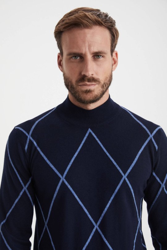 Baklava Desen Lupetto Yaka Merino Yün Lacivert Triko