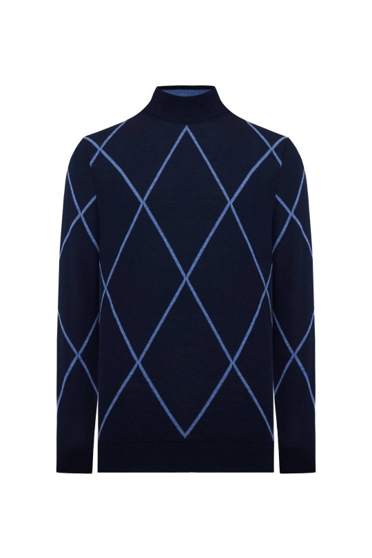 Baklava Desen Lupetto Yaka Merino Yün Lacivert Triko
