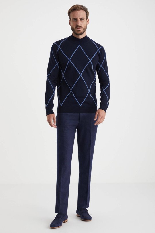 Baklava Desen Lupetto Yaka Merino Yün Lacivert Triko