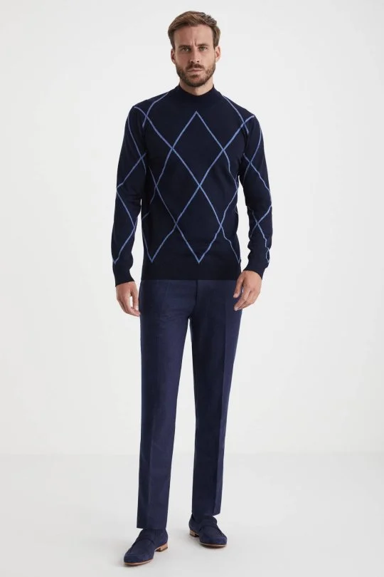 Hemington - Baklava Desen Lupetto Yaka Merino Yün Lacivert Triko (1)