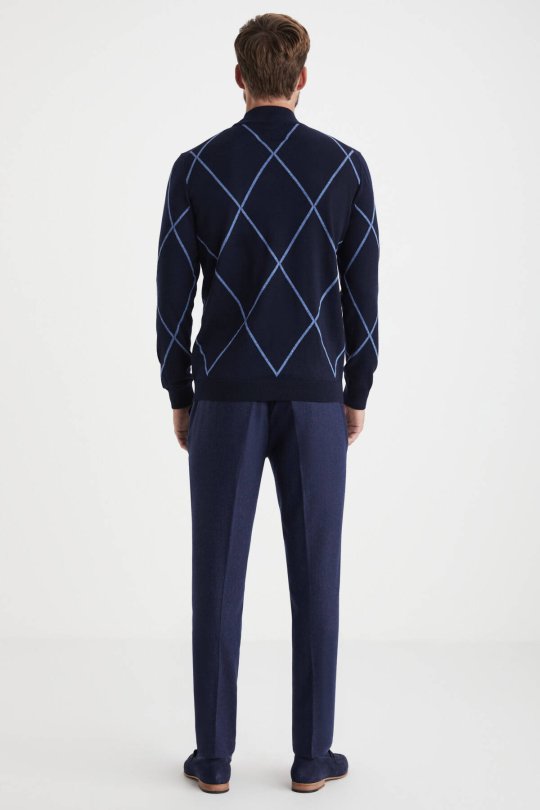 Baklava Desen Lupetto Yaka Merino Yün Lacivert Triko