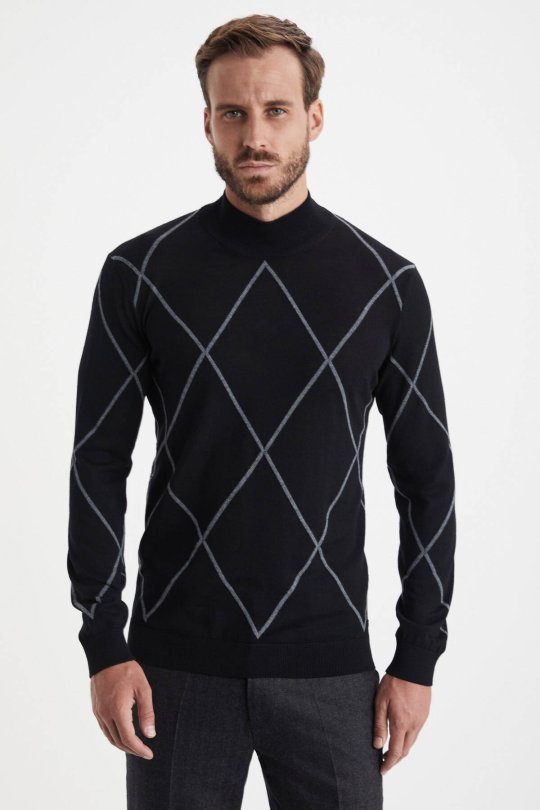 Baklava Desen Lupetto Yaka Merino Yün Siyah Triko