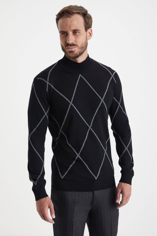 Baklava Desen Lupetto Yaka Merino Yün Siyah Triko