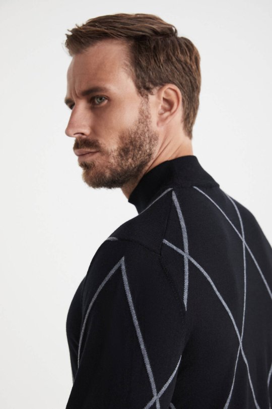 Baklava Desen Lupetto Yaka Merino Yün Siyah Triko