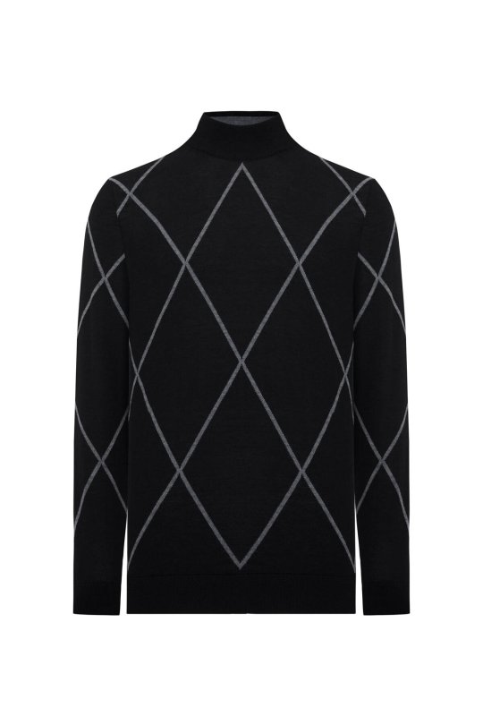 Baklava Desen Lupetto Yaka Merino Yün Siyah Triko