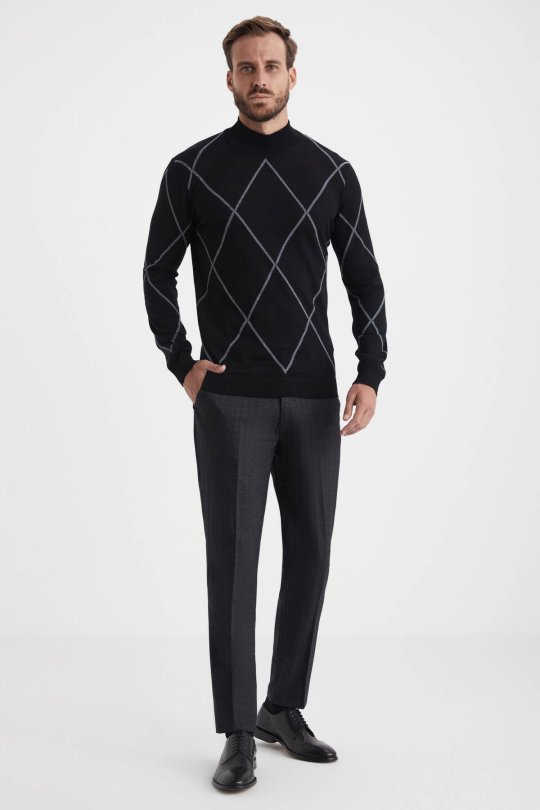 Baklava Desen Lupetto Yaka Merino Yün Siyah Triko