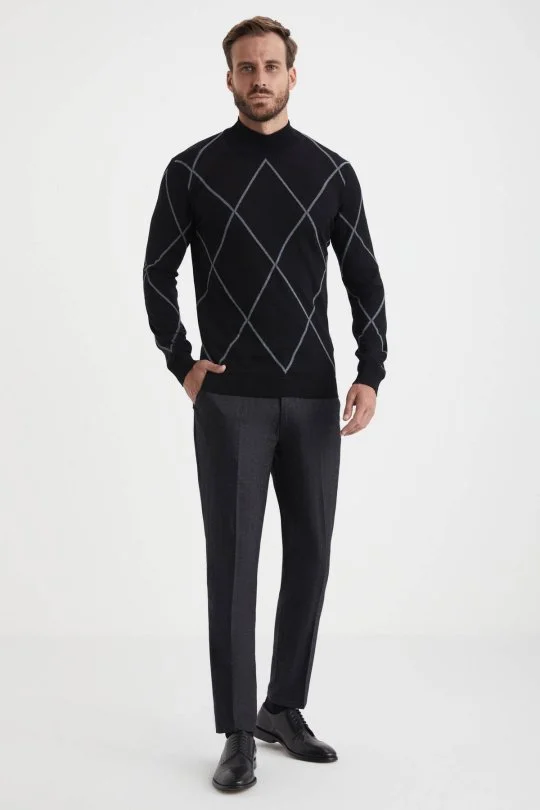 Hemington - Baklava Desen Lupetto Yaka Merino Yün Siyah Triko (1)