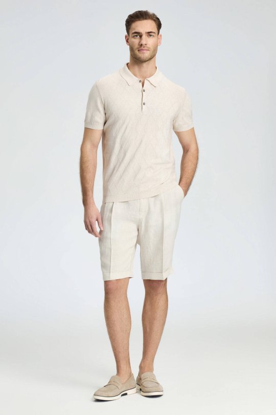 Baklava Desen Giza Pamuk Krem Rengi Triko Polo