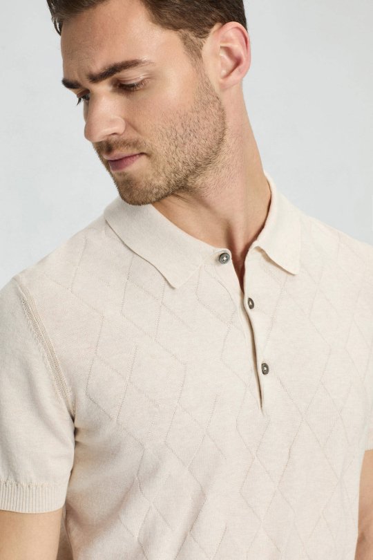 Baklava Desen Giza Pamuk Krem Rengi Triko Polo