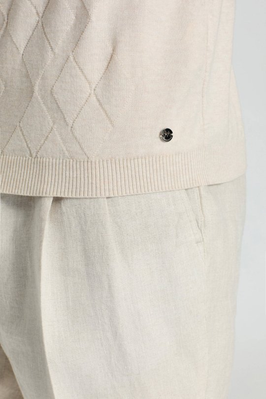 Baklava Desen Giza Pamuk Krem Rengi Triko Polo