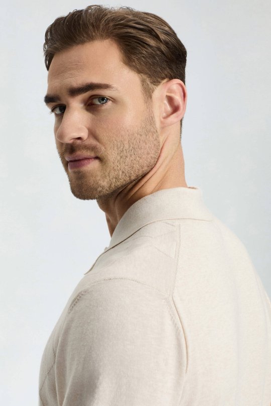 Baklava Desen Giza Pamuk Krem Rengi Triko Polo